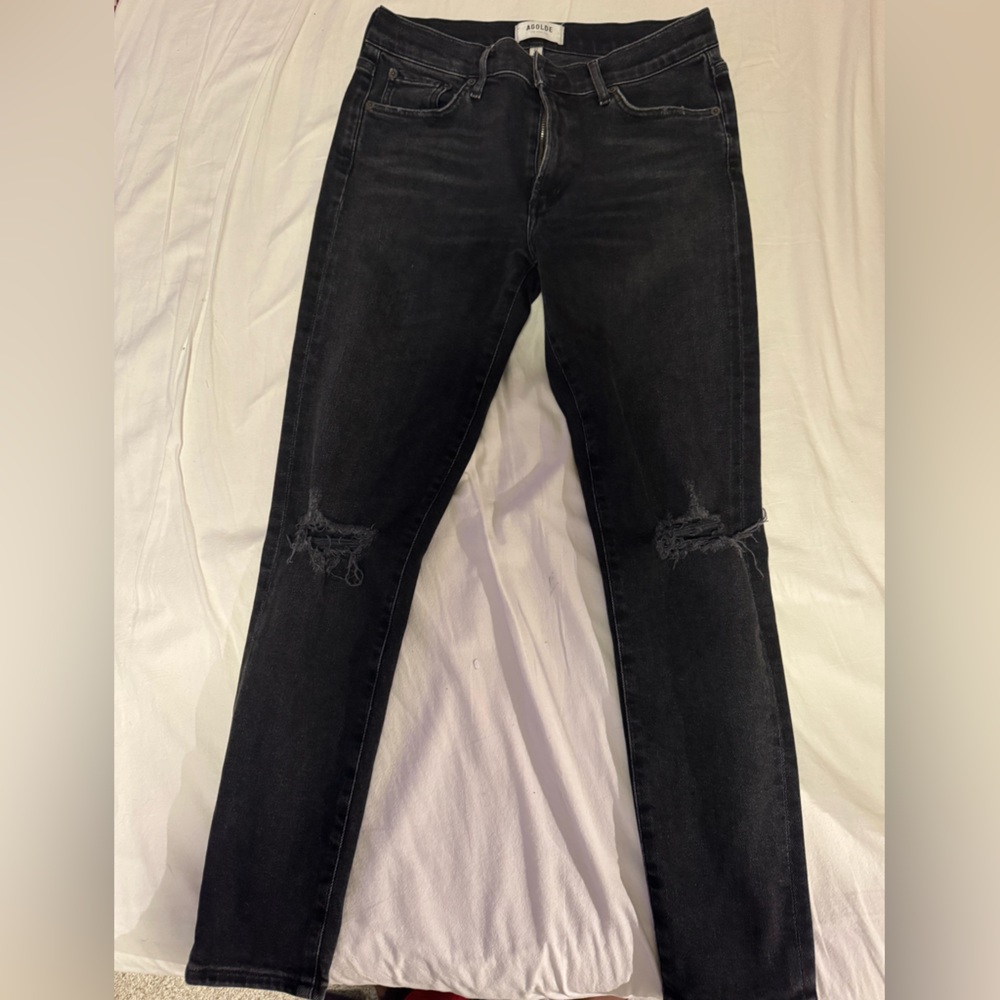 Agolde Black Distressed Knee Jeans